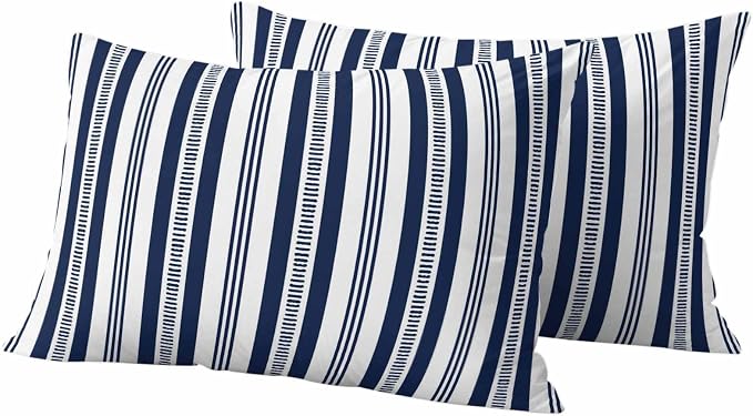 Navy Blue Striped Outdoor Waterproof Pillow Covers, Farmhouse Stripes Modern Geometric Decorative Rectangle Throw Pillowcase Sofa Cushion Sham for Patio/Couch/Chair, 20"x12" 2 Pack