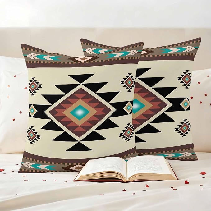 Southwest Geometric Waterproof Outdoor Pillow Covers 20''x20'' Set of 2, Brown Mexican Aztec Boho Tribal Patio Furniture Cushion Covers for Chairs, Decorative Pillow Cases for Garden/Pool/Beach