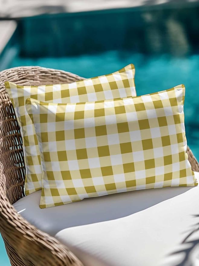 Waterproof Outdoor Pillow 1 Pack Buffalo Plaid Decorative Throw Pillows Cover & Insert 20x12 Inch Lumbar Pillowcase Yellow Check Lines Pillows for Couch Sofa Bed Patio Furniture Indoor Outdoor