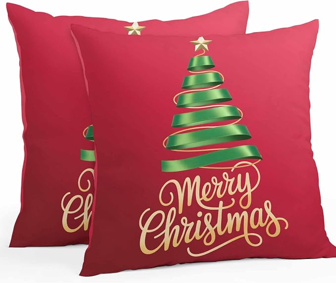 Red Christmas Tree Outdoor Pillow Covers 16 x 16 Inches, Green Xmas Tree with Star Waterproof Throw Pillow Cover Set of 2, Christmas Red Decorative Square Cushion Covers for Patio/Couch/Garden