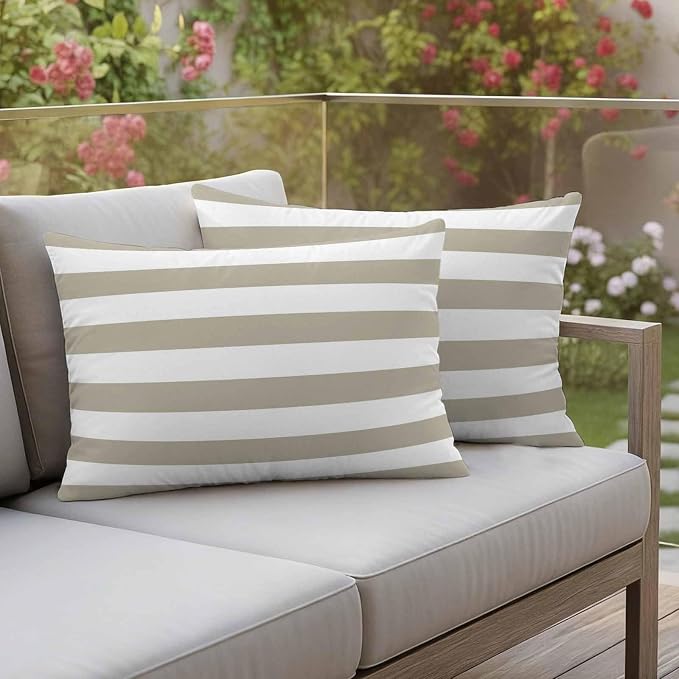 JasmineM Outdoor Pillow Cover 12x20 Inches Set of 2 Tan and White Stripe Waterproof Throw Pillow Covers Taupe Tan Brown Stripes Decorative Pillowcases Garden Cushion Case for Patio Couch Sofa