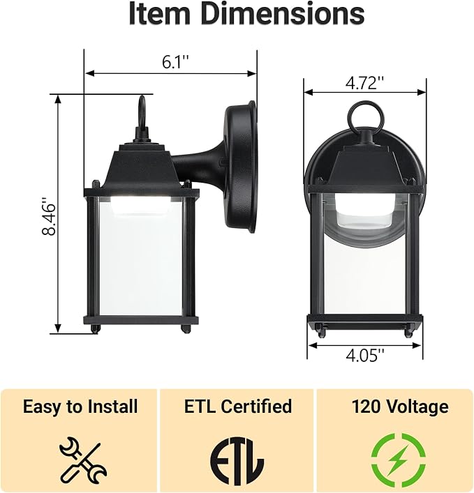 Outdoor Wall Light Fixture, Rustproof Aluminum, Clear Glass, LED | Exterior Porch Light Wall Sconce Lantern for House, Patio, Garage, Waterproof Anti-rust, 9.5W 800 Lumen, 5000K, Black, 1 Pack