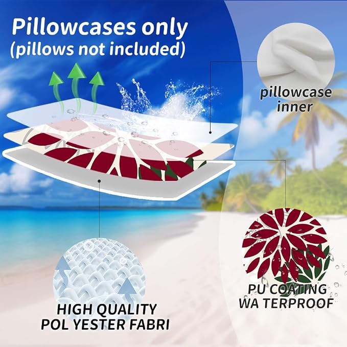 DFXSZ Outdoor Waterproof Pillow Covers 16x16 Set of 2 Red Dark Green Flower | Spring Summer Waterproof Flower Throw Pillowcases（No Inserts）Decor for Christmas Patio Funiture Garden Polyester Covers