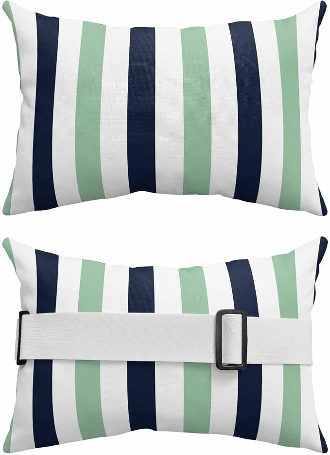 Pack of 4 Outdoor Lumbar Pillow Covers 12x20 Inch, Light Green Navy Blue Striped Waterproof Throw Pillow Covers Set, Farmhouse Stripe Art Indoor&Outdoor Decorative Cushion Cases for Patio Porch Beach