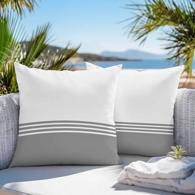 Throw Pillow Covers 16x16 Inch Set of 2, Grey White Striped Waterproof Outdoor Cushion Covers, Modern Abstract Art Aesthetics Decorative Pillowcases for Couch, Sofa, Bed, Garden, Patio