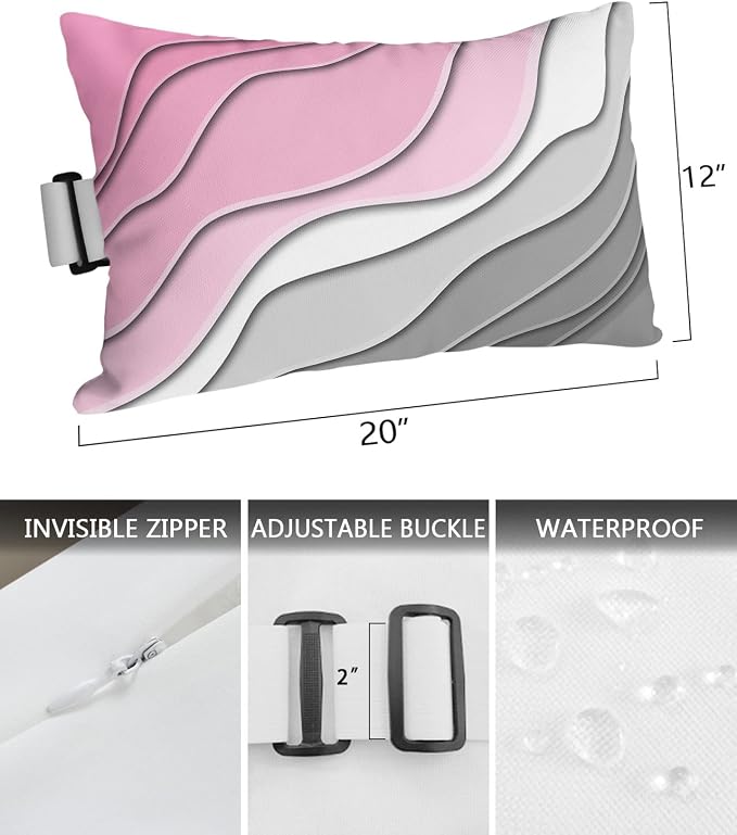 Geometric Ombre Lounge Pillows Outdoor, Aesthetic Pink Grey White Gradient Abstract Head Pillows, Modern Waterproof Patio Furniture Lumbar Pillows with Adjustable Elastic Strap for Recliner Beach