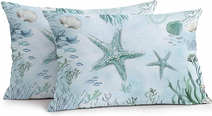 Coastal Starfish Waterproof Outdoor Pillow Covers Set of 2 Home Decor, Nautical Coral Tropical Fish Seashells Pillowcase Patio Pillow Covers for Couch Bench Furniture Garden 20x12in