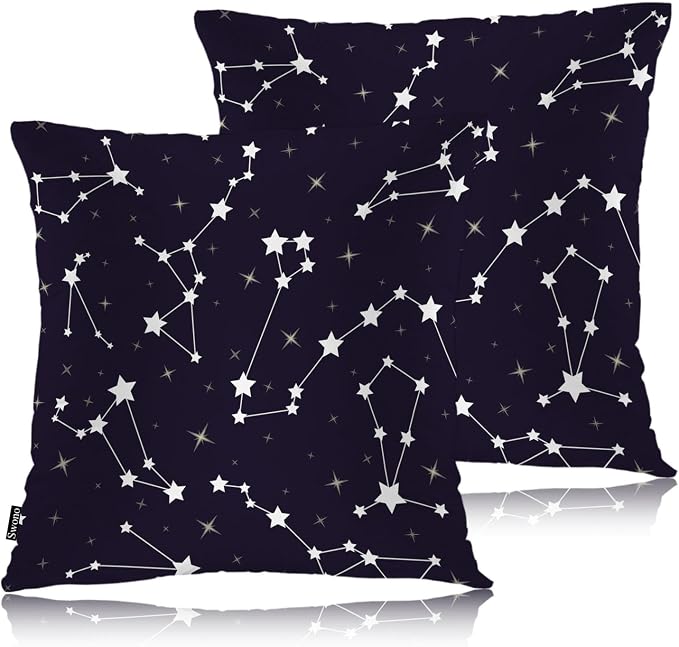 Swono Stars Constellations Pillowcase Cushion Cover, Cosmos Galaxy Space Stars Decorative Throw Pillows Covers Outdoor Pillow Case for Home Office Dorm Sofa Picnic Car 18" X 18", 2 Pack