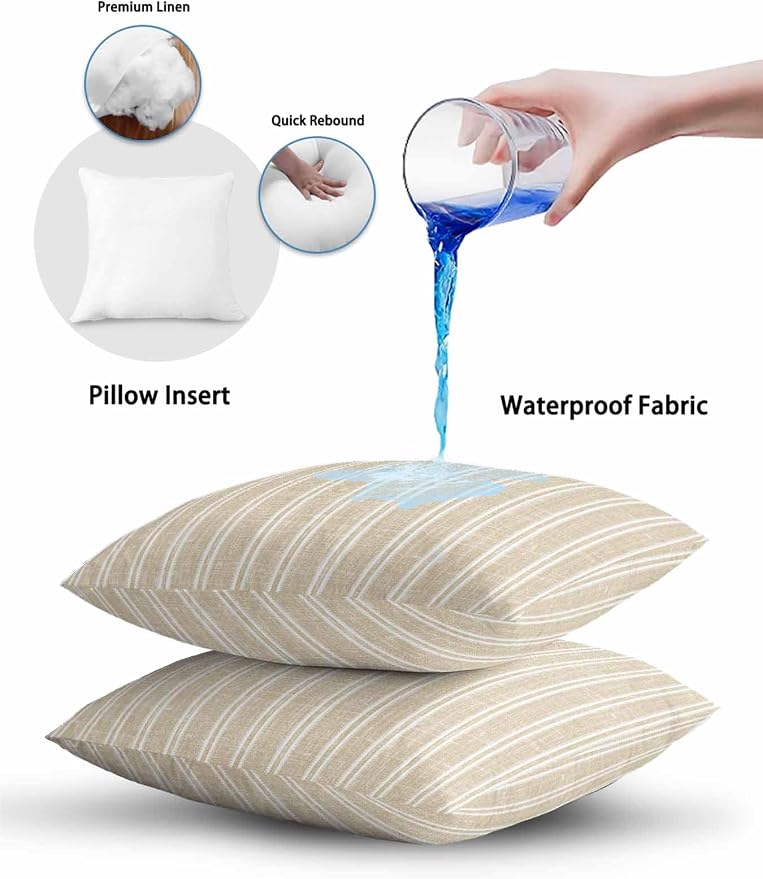 Waterproof Outdoor Pillow Set of 2 Beige Linen Striped Decorative Throw Pillows Cover & Insert 20x12 Inch Lumbar Pillowcase Vertical Stripes Lines Pillows for Couch Sofa Bed Patio Furniture