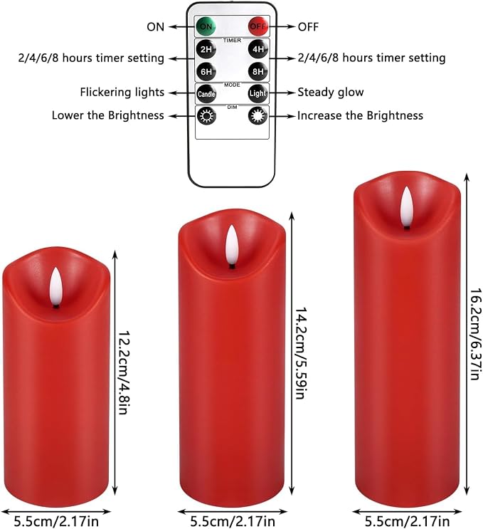 YOROXRG 24 Pack Christmas Decoration Flickering Flameless Candles,LED Candles Battery Operated Pillar Candles with Remote Control.for New Year, Home Decor, Parties,Wedding(D2.2 xH 5" 6" 7" Red)