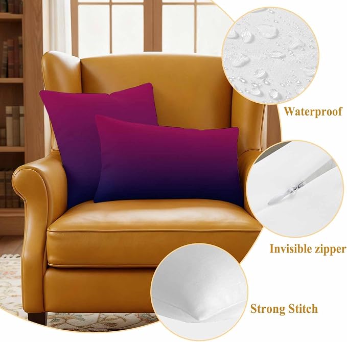 Outdoor Waterproof Pillow Covers Purple Burgundy Red Ombre Throw Cushion Case, Modern Color Gradient Pillowcase for Bed,Sofa,Couch, Patio Furniture, 18x18in, 2Pack Decorative Pillows Protector