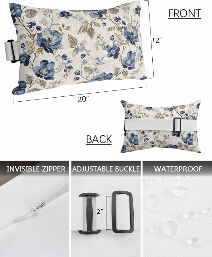 Navy Blue Floral Outdoor Lumbar Pillow Covers 12"x20" Set of 4, Decorative Throw Pillow Covers for Patio, Beige Vintage Farmhouse Botanical Leaves Waterproof Cushion Case for Pool Beach Chair