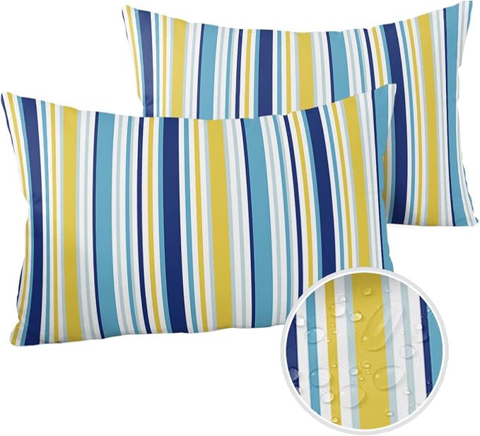 Blue Yellow Striped Outdoor Waterproof Pillow Covers, Farmhouse Navy Blue Ombre Stripes Decorative Rectangle Throw Pillowcase Sofa Cushion Sham for Patio/Couch/Chair, 20"x12" 2 Pack