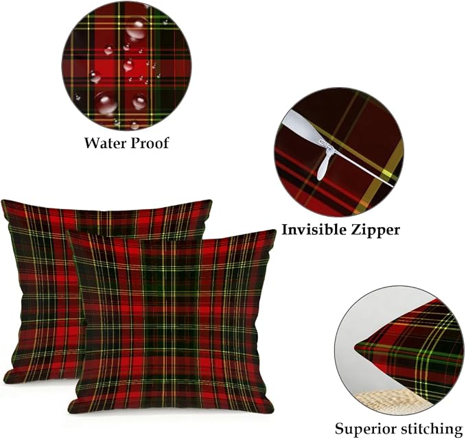 16x16 Inch Outdoor Pillow Covers Set of 2 Waterproof Throw Pillow Covers Decorative Couch Cushion Covers Buffalo Check Plaid Square Pillowcases Protectors for Patio Garden Sofa