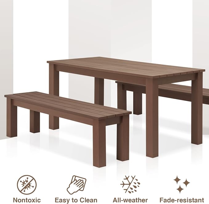 Outdoor Dining Table & Bench Set for 6, 59" Rectangle Poly Lumber Table + 2 Three-Person Backless Benches, Weatherproof HDPE Patio Furniture Set, Anti-Fade, for Garden, Backyard, Porch & Park