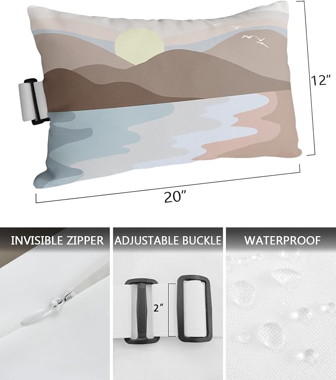 Outdoor Pillows Covers with Inserts Sunrise Mountain Beautiful Seaside Abstract Painting Waterproof Pillow with Adjustable Strap Throw Pillows for Patio Furniture Recliner Lounge Chair, 12"x20", 1PCS