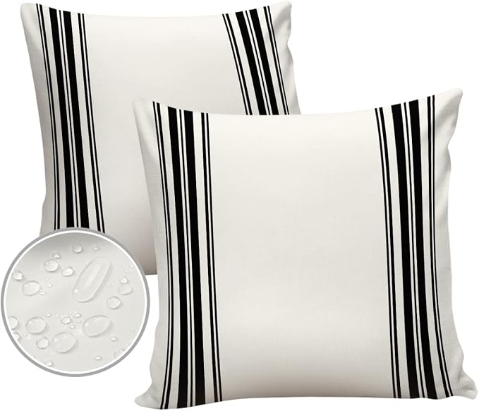 Outdoor Waterproof Pillow Covers for Patio Furniture Black Ticking Vertically Stripe Decorative Throw Pillow Cover Simple Style White Pillowcases Set of 2 Cushion Case for Sofa Couch Chair 16 x 16 In