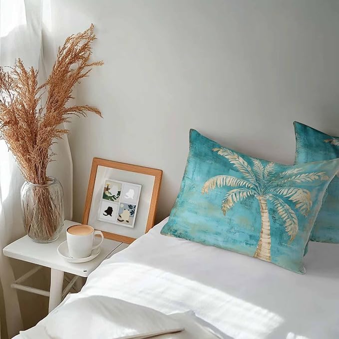 Coastal Beach Tree Green Outdoor Waterproof Pillow Covers, Vintage Tropical Flower Plant Decorative Rectangle Throw Pillowcase Sofa Cushion Sham for Patio/Couch/Chair, 20"x12" 2 Pack