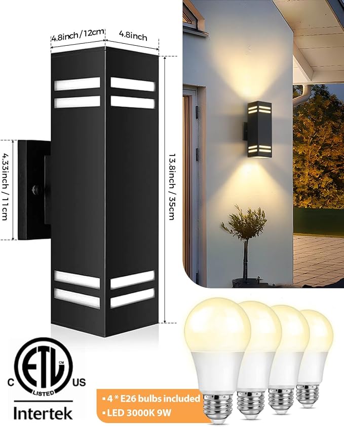 SHIMR Dusk to Dawn Outdoor Lights 2 Pack, Matte Black 14", ETL Listed | Modern Exterior Lighting Fixtures Wall Mount, Aluminum Anti-Rust Up and Down Outside Lights for Porch, LED Bulbs Include