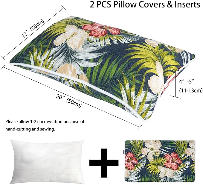 Magpie Fabrics Pack of 2 Outdoor Waterproof Lumbar Rectangular Throw Pillow with Insert 12x20 Inch, Home Decorative Toss Cushion for Patio Garden Car Office (Midnight Floral)