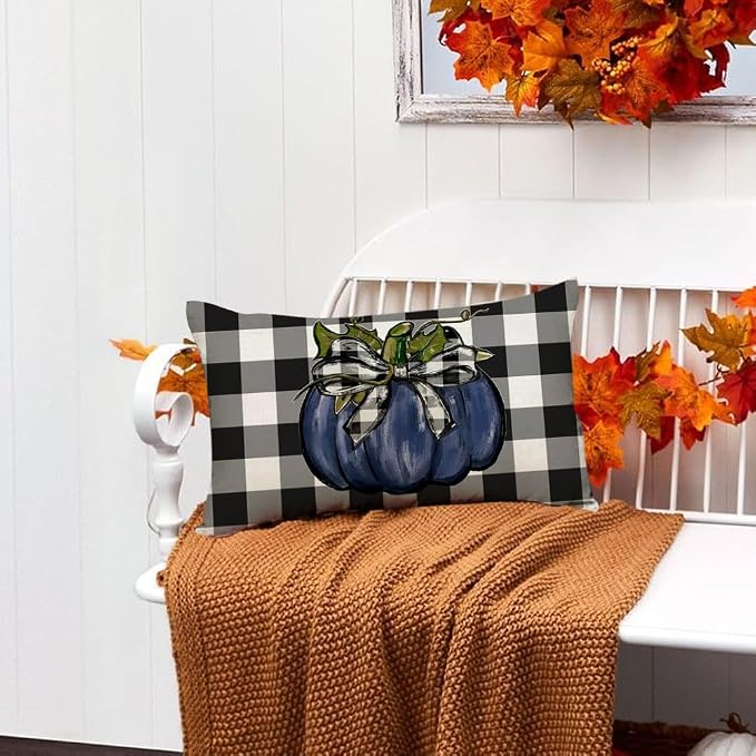 RABUSOFA Outdoor Fall Pillow Covers Waterproof 12x20 Blue Pumpkin Decor | Autumn Harvest Thanksgiving,Buffalo Plaid,Not Insert,Machine Washable,Fall Decorations for Home Sofa Patio Farmhouse