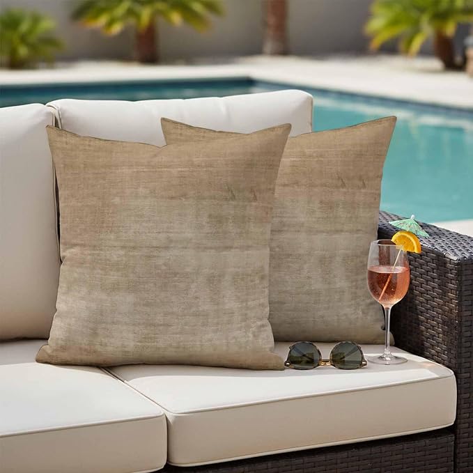 Vandarllin Outdoor Throw Pillows Covers 24x24 inch Set of 2 Waterproof Beige Linen Decorative Zippered Cushion Covers for Patio Furniture, Solid Color Texture Lumbar Pillowcases