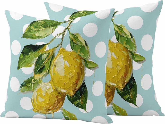 Waterproof Pillow Covers Set of 2,Summer Lemon Leaf Country Fruit Outdoor Pillow Protectors with Zipper Pillowcases for Patio Tent Garden Beach 18x18 Inches Polka Dot Light Blue