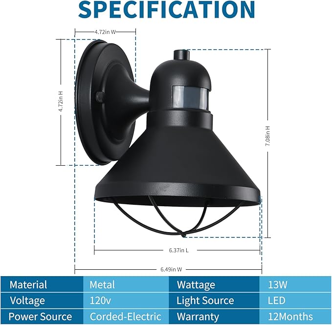 Dusk to Dawn Motion Sensor Outdoor LED Porch Wall Light Fixture | Exterior Barn Lantern Black Farmhouse Sconce Lighting Rustic Wall Mount Lamp for Garage Patio Balcony Entryway Doorway