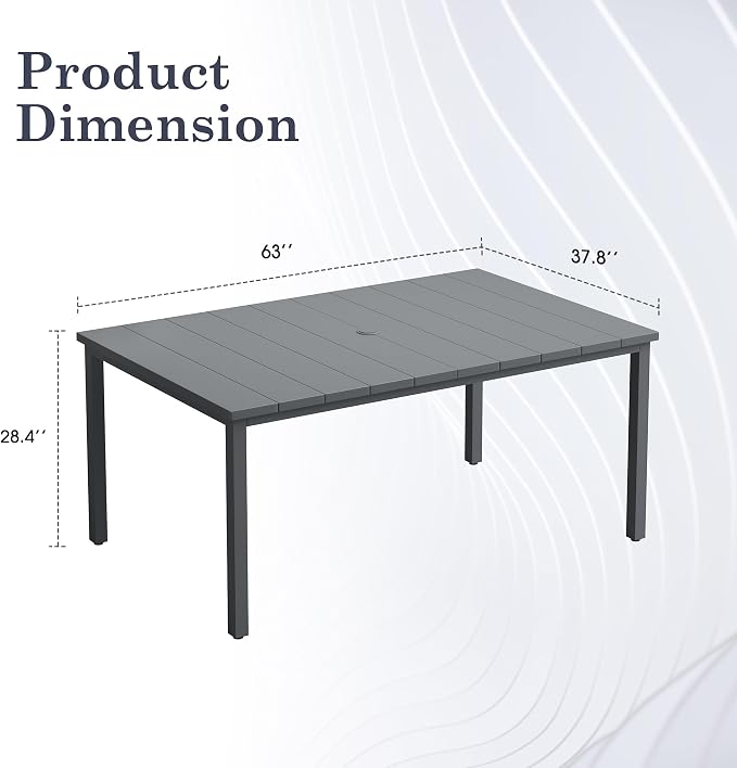 Outdoor Dining Table for 6, 63" Rectangle Outdoor Table with Adjustable Umbrella Hole, All-Weather Metal Patio Dining Table for Lawn Garden Backyard Deck, Dark Grey