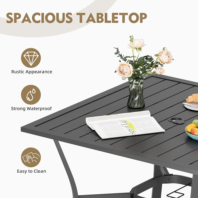 MELLCOM 37''x37'' Outdoor Dining Table for 4, Metal Patio Dining Table with 1.57'' Umbrella Hole and Adjustable Feet, All-Weather Black Square Table for Porch, Garden, Backyard, Poolside