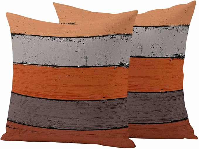 Outdoor Throw Pillow Covers 18X18 Set of 2 Waterproof Ombre Burnt Orange Gray Decorative Zippered Cushion Covers for Patio Furniture, Farmhouse Retro Rustic Barn Wood Texture Lumbar Pillowcases