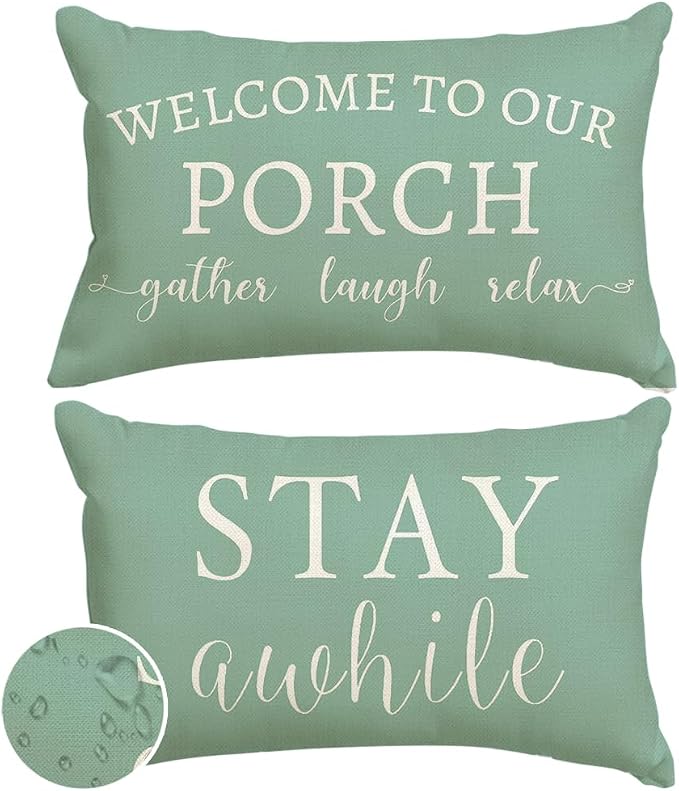 RABUSOFA Welcome to Our Porch Decor Outdoor Pillow Covers Waterproof,12x20 Set of 2 Eucalyptus Green Stay Awhile Relax Lumbar Cushion Case Decorations for Patio Couch (Green)