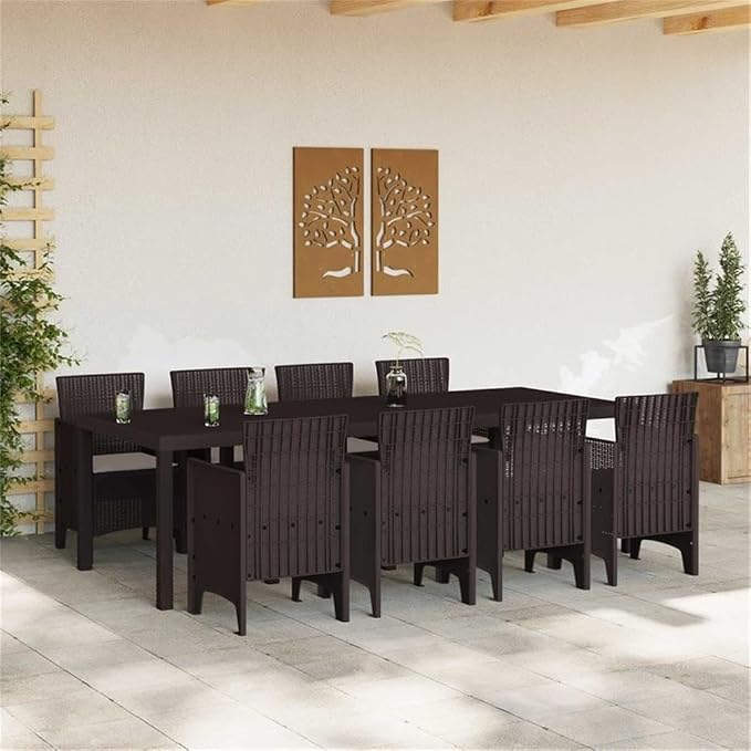 Afuera Living Contemporary Poly Rattan Patio Dining Set, Brown Finish, UV-Resistant Outdoor Furniture, Foam Cushions, Rectangular Table, Seats 8, Lightweight Design for Gardens and Terraces