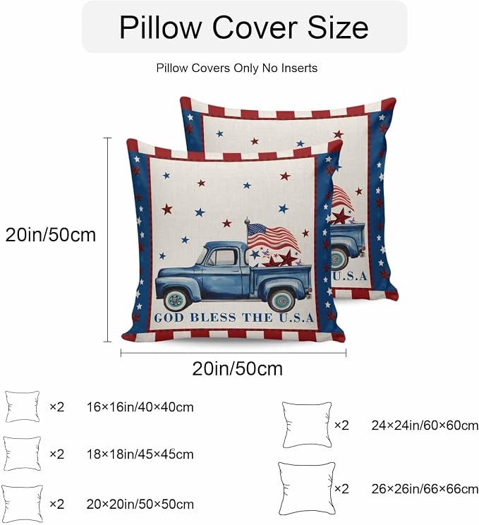 Independence Day Outdoor Pillow Covers Set of 2,Farm Blue Truck American Flag Star Decorative Waterproof Throw Pillow Case, Patriotic Red Plaid Cotton Linen Soft Cozy Cushion Pillowcases 20x20In