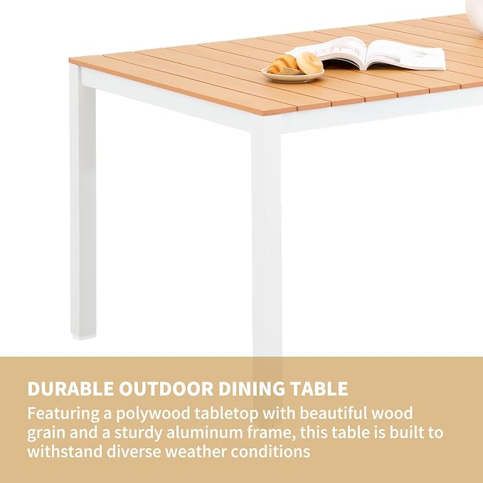 Outdoor Dining Table for 4-6 People Weather-Resistant Rectangle Patio Dining Table with Aluminum Frame for Garden Backyard Porch, White