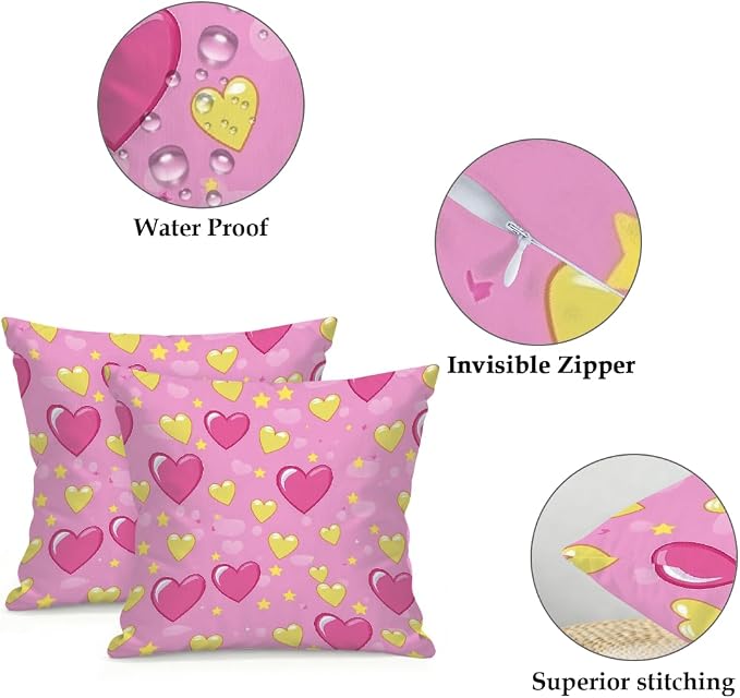 20x20 Inch Outdoor Pillow Covers Set of 2 Waterproof Throw Pillow Covers Decorative Couch Cushion Covers Pink Hearts Yellow Star Square Pillowcases Protectors for Patio Garden Sofa