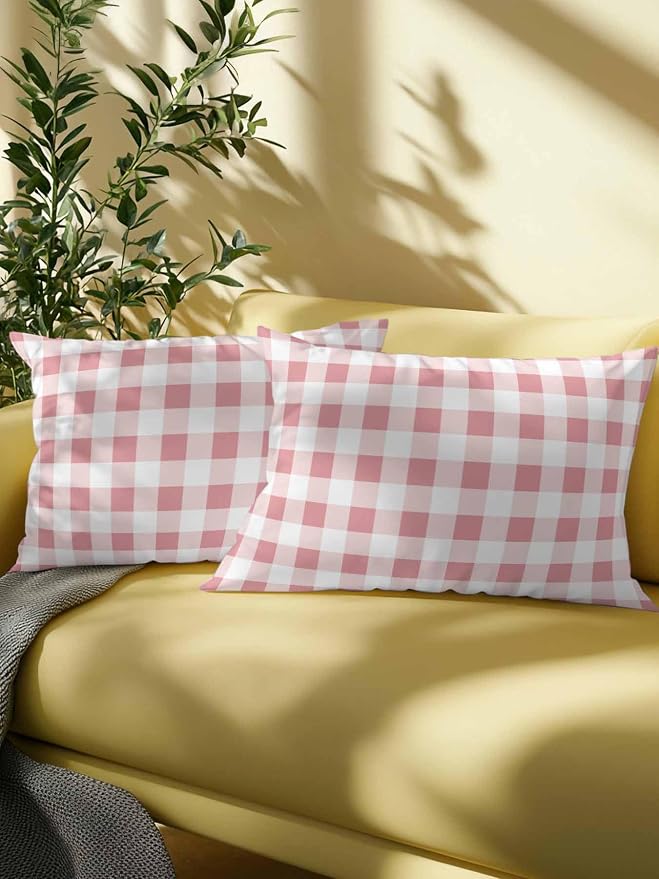 Waterproof Outdoor Pillow 1 Pack Pink Buffalo Plaid Decorative Throw Pillows Cover & Insert 20x12 Inch Lumbar Pillowcase Check Lines Pillows for Couch Sofa Bed Patio Furniture Indoor Outdoor