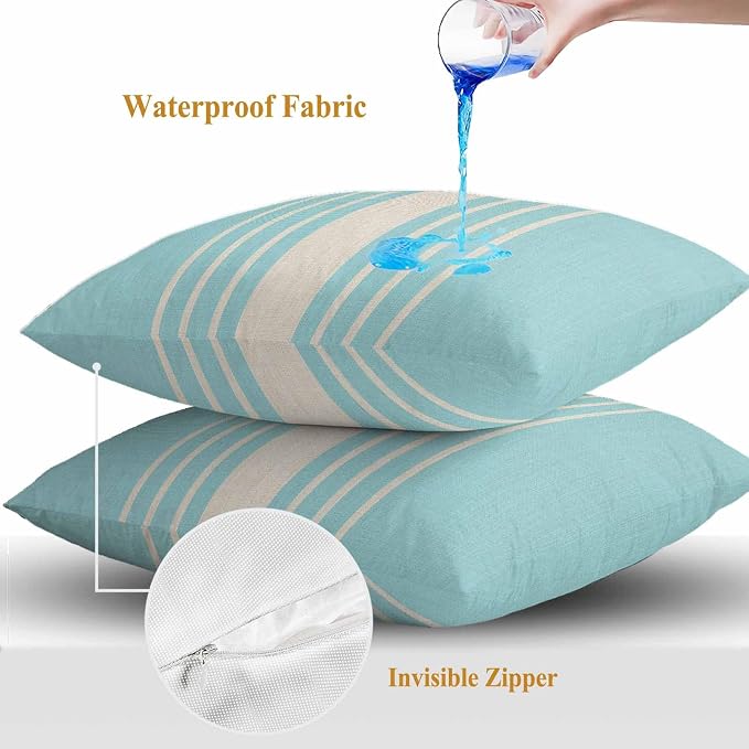 Throw Pillow Covers 20x20 Inch Set of 2, Aqua Beige Striped Waterproof Outdoor Cushion Covers, Modern Farmhouse Retro Lines Decorative Pillowcases for Couch, Sofa, Bed, Garden, Patio