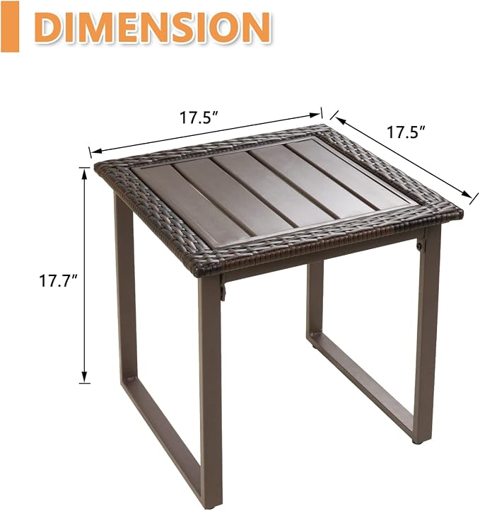 Wicker Outdoor Side Table Metal Patio Coffee Table, Square End Table with Wicker Edge & Slatted Metal Top, for Lawn Garden Backyard, Brown