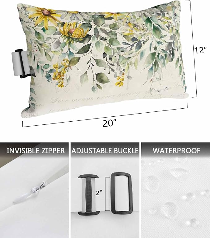 Lumbar Pillow Covers Set of 4, Yellow White Daisy Waterproof Outdoor Chaise Lounge Pillow Covers with Elastic Strap, Eucalyptus Leaves Spring Botanical Vintage Headrest Pillowcase for Patio, 12 x 20