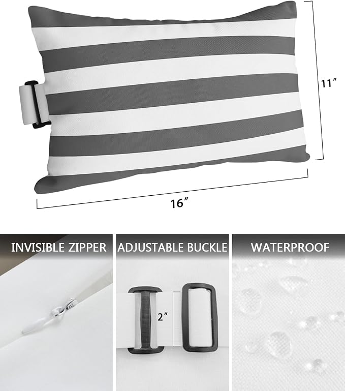 T&H XHome Outdoor Pillow for Chaise Lounge Chair, Deep Gray and White Stripe Waterproof Headrest Pillow Lumbar Pillows with Adjustable Elastic Strap for Beach, Poolside, Patio, Office (1 Pack)