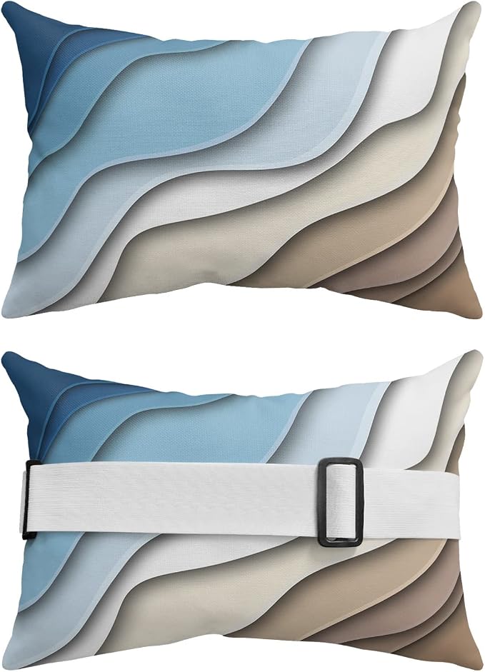 Geometric Ombre Lounge Pillows Outdoor, Aesthetic Blue Brown White Gradient Abstract Head Pillows, Modern Waterproof Patio Furniture Lumbar Pillows with Adjustable Elastic Strap for Recliner Beach
