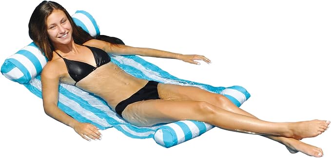 Swimline Premium 46 x 24 Inch Swimming Pool Floating Water Hammock Lounge Chair with Inflatable Head and Footrests, Blue and White (3 Pack)