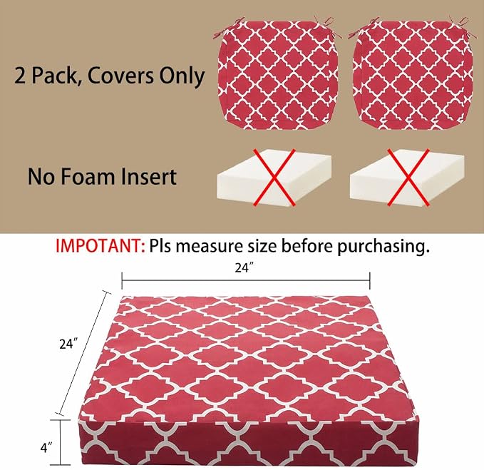 Magpie Fabrics Indoor Outdoor Cushion Cover Replacement 2 Pack, NO INSERT! Water Repellent Slipcover with Ties Christmas Decor for Patio Garden Chair Seat Sofa Bench Wicker(Geometry Red, 24x24x4 Inch)