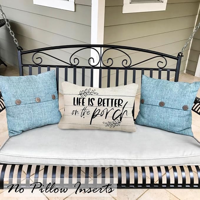 Porch Pillows Outdoor Chair Patio Furniture Pillow Covers 18x18 Waterproof | Set of 2, No Inserts, Weather Resistant, Patio Furniture, Minimalist Neutral Home Decor, Life is Better On The Porch Sign