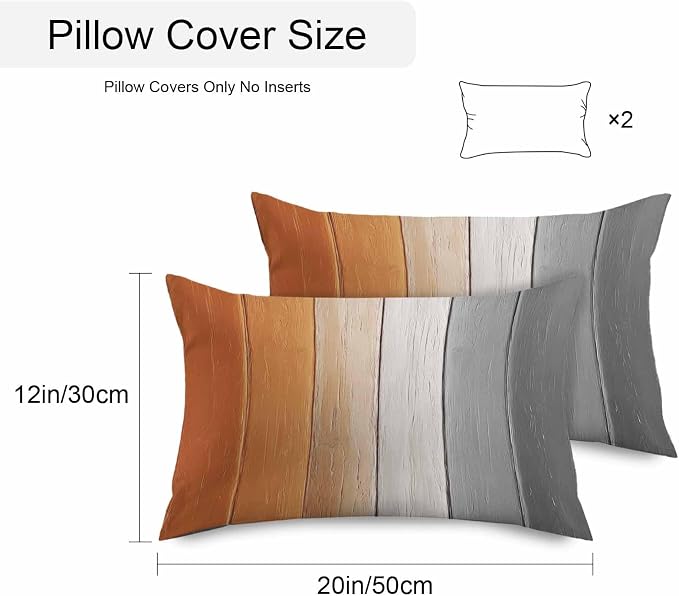 Lumbar Pillow Covers 20x12 Inch Set of 2, Burnt Orange Gray Ombre Waterproof Outdoor Cushion Covers, Vintage Farmhouse Wooden Decorative Pillowcases for Couch, Sofa, Bed, Garden, Patio