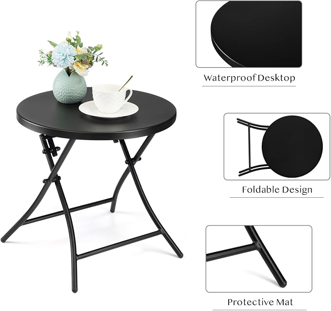 Outdoor Side Table, Folding Round Metal End Table, Weather Resistant Small Patio Accent Table for Porch Yard Balcony Deck (All Black)