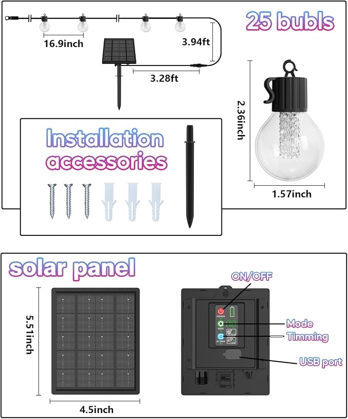 FREECUBE 50FT Solar String Lights Outdoor Waterproof, 25LEDs G40 Globe Shatterproof Bulbs,Warm White & Multicolor,8 Modes,Timer, Solar Powered Patio Lights for Backyard, Porch, Garden, Wedding Decor