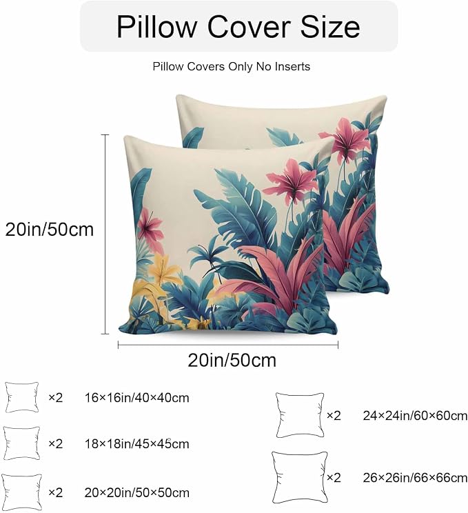 Summer Tropical Leaves Waterproof Outdoor Pillow Covers Set of 2 Home Decor, Farmhouse Botanical Plants Pillowcase Patio Pillow Covers for Couch Bench Furniture Garden 24x24in