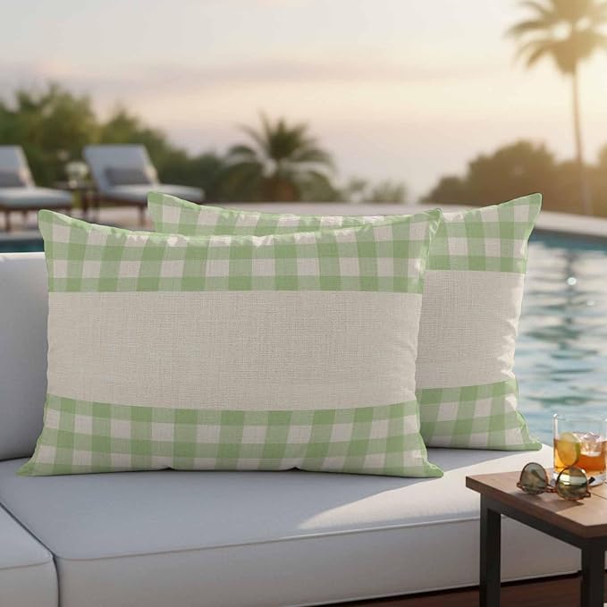Retro Green Outdoor Waterproof Pillow Covers, Farmhouse Buffalo Plaid Vintage Beige Decorative Rectangle Throw Pillowcase Sofa Cushion Sham for Patio/Couch/Chair, 20"x12" 2 Pack